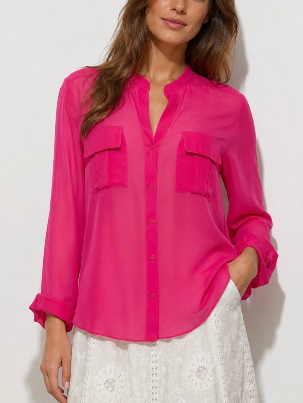 BCBGMaxAzria Y2K VTG Hot Neon Pink Sheer Button-Front Blouse with pockets | S